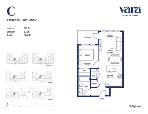 Floor plan for 1 bed, 1 bath, 527 sqft